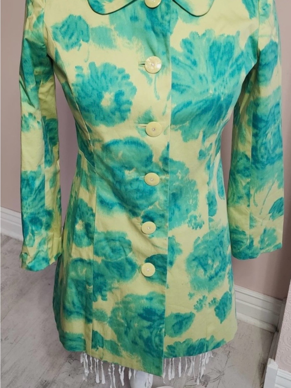 Elvenses by Anthropologie Teal and White Watercolor Button-Up Jacket